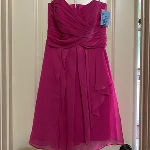 David’s Bridal, hot pink, short bridesmaid dress.